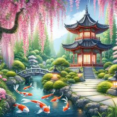 a painting of a japanese garden with koi fish in the water and flowers on the trees