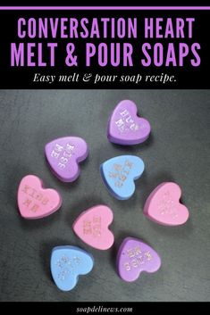 Conversation heart crafts for DIY Valentine's Day gifts. How to make an easy conversation heart melt and pour soap recipe for beginners to give as DIY winter holiday gifts to loved ones. A no lye beginners melt and pour soap making tutorial that allows you to craft DIY Valentine's Day soaps with custom messages. Made from a melt and pour soap base, these conversation heart soaps can be made in an afternoon and ready to gift the same day. #conversationhearts #valentinesday #soapmaking #diy Conversation Heart Crafts, Conversation Hearts Crafts, Soap Making Tutorials, Valentine Soap, Recipe For Beginners, Soap Melt And Pour, Cold Process Soap Recipes, Heart Soap, Melt And Pour Soap