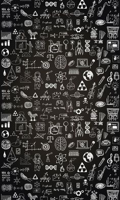 a blackboard drawing with various symbols and things on it, all drawn in white chalk