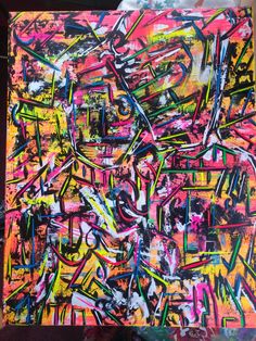 an abstract painting with lots of different colors and lines on it's canvases