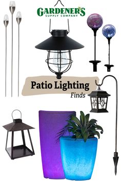 various types of patio lights and lamps with text overlay that reads gardener's supply company