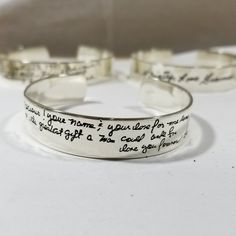 "This engraved handwriting bracelet is made of 925 sterling silver. You can engraved any actual handwritten words from your old greeting cards, letters or write by your own hand. Great for Christmas, mother's day and as a memorial gift. This bracelet is made of 925 Sterling Silver with length of 6 inches that can be adjusted once you wear it up to 7.25\". The height is 1/2 inches in case you want bigger text. You can personalize this bracelet with any handwriting on both inside or outside. Optio Silver Engraved Bracelet, Handwriting Bracelet, Old Greeting Cards, Engraved Handwriting, Handwriting Jewelry, 925 Silver Bracelet, Engraved Bracelet, Bar Bracelets, Memorial Jewelry