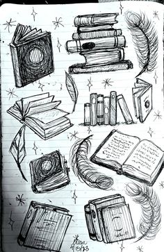 a notebook with some books on it and stars in the sky around them, all lined up