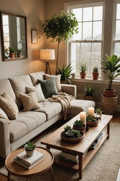 a living room filled with lots of furniture and plants on top of a coffee table