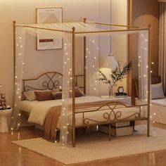 a bedroom with lights on the ceiling and a canopy bed