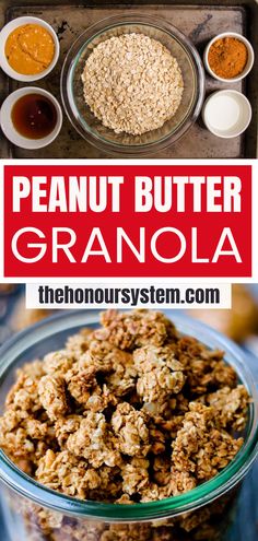 A jar of peanut butter granola. Peanut Butter Granola Recipe, Favorite Breakfast Recipes, Peanut Butter Granola, Granola Recipe, Easy Peanut Butter, Easy Homemade Recipes, Homemade Recipe, Granola Recipes, Appetizer Salads