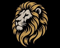 a lion's head is shown in gold and white on a black background with the word