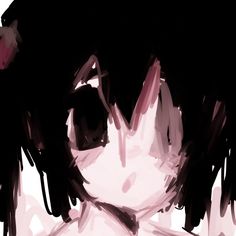 an abstract painting of a girl with long black hair and pink eyes looking straight ahead