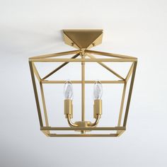 a light fixture hanging from the ceiling with two lights on each side and an open cage design