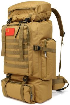 a large backpack with two compartments on the front and one compartment open to show an orange flag