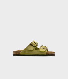 classic cork sandal with two straps in full-grain sage green nubuck leather with a blue tint, suede footbed and brass gold studs Clog Boots, Cork Sandals, Wooden Clogs, Clog Sandals, Womens Clogs, Comfort Style, Boot Shop, Mule Clogs, Natural Leather