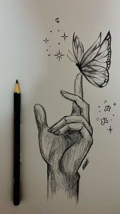 a pencil drawing of a hand holding a butterfly on it's finger with stars in the background