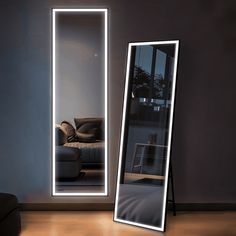 a large mirror sitting on top of a wooden floor next to a couch in a living room