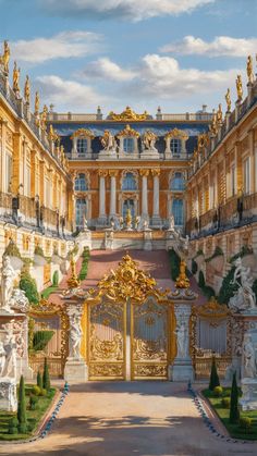 a painting of a large building with gold doors and statues on the front entrance way