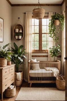 a baby's room with a crib, dresser and potted plants on the wall