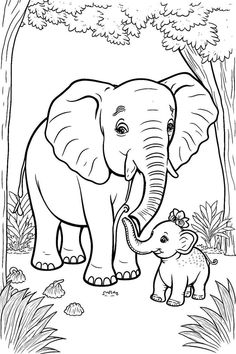 an elephant and its baby in the jungle coloring pages for adults, kids and adults