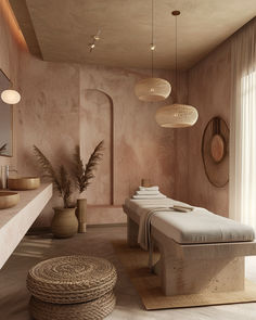 a spa room with stone walls and large mirrors on the wall, two massage tables in front of them