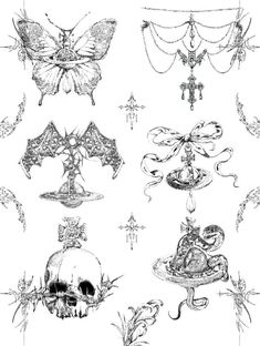 an image of various items in the form of skulls and moths on white paper with black ink