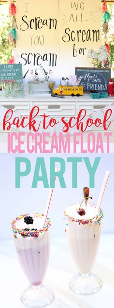 back to school ice cream float party with sprinkles on the rim and two glasses