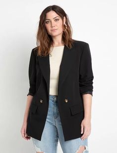 Long Relaxed Blazer | Women's Plus Size Coats + Jackets | ELOQUII Meredith Blake, Relaxed Blazer, Wardrobe Capsule, Open Front Blazer, Plus Size Coats, Plus Size Designers, Swimsuits For All, Blazer Outfits, Fall 2022