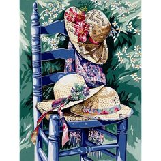 a painting of a blue chair with two hats on it and flowers in the background