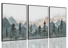 three canvases with trees and mountains in the background, one is reflecting on water