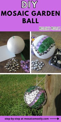 mosaic garden ball made out of plastic balls and other items on the ground with text overlay