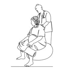 a black and white line drawing of a woman sitting on a chair with a man standing behind her