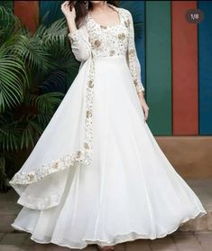 Jacket Gown, Gown Party Wear, Off White Jacket, Long Dress Design, Designer Anarkali, White Gown, Indian Gowns Dresses, Kurti Designs Party Wear, Indian Gowns