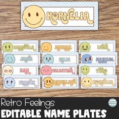 editable name plates with emoticions and smiley faces for kids to use in the classroom