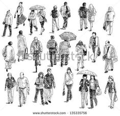 people walking in the street with umbrellas hand drawn illustration stock photo, royalty - free image