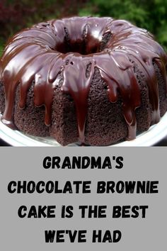 a chocolate bundt cake on a plate with the words grandma's chocolate brownie cake is the best weve had