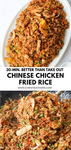 chicken fried rice in a white bowl with the words, 30 min better than take out chinese