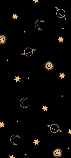 stars and planets in the night sky with sun, moon and crescents on black background