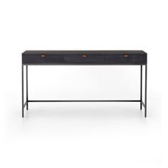 a black desk with two drawers on one side and an orange drawer on the other