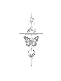 a black and white drawing of a butterfly hanging from a ceiling fan with the sun in the background