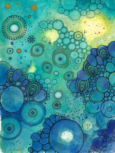 an abstract painting with blue and green circles, bubbles and dots on the bottom half of it