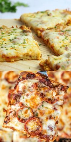 several slices of pizza sitting on top of a wooden cutting board next to each other