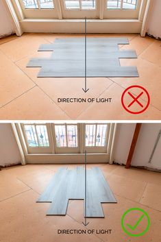 an empty room is shown with different types of floor coverings and the words direction of light above it