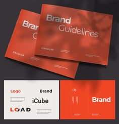 the brand guidelines are displayed in three different colors and font styles, including orange, red, and white