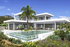 an artist's rendering of a modern house with pool and palm trees in the foreground