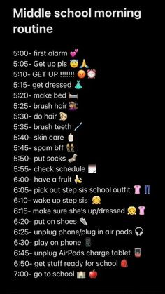 the text reads middle school morning routine on a black background with images of children's faces