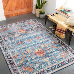 a blue and red area rug in front of a wooden door with a plant on it