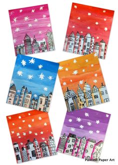 four different colored paintings with buildings and snowflakes on them, all painted in different colors