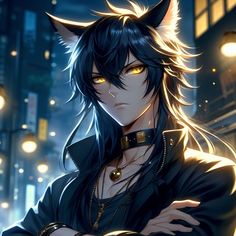 an anime character with black hair and yellow eyes standing in front of a city at night