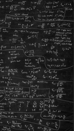 a blackboard with some writing on it and lots of calculations written in white chalk