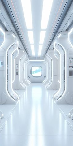 the interior of a futuristic space station with white walls and lights on either side of the corridor