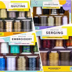 Express yourself in your sewing with these thread packs by WonderFil Specialty Threads! Filled with a variety of specialty threads, you'll be able to experiment with different materials and thread weights to add unique textures and finishes to your projects. 4 different packs and each in 4 color ways. Random Fashion, Unique Textures, Different Materials, Color Ways, Color Chart, Sewing Fabric, Express Yourself, Yarn