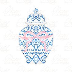 a blue and white vase with pink bow on it's lid, in the shape of an ornament