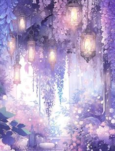 an artistic scene with lanterns and flowers